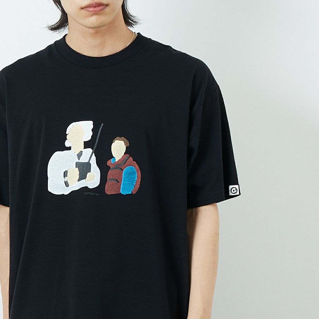 COTTON PAN [コットンパン] ショートスリーブプリントTシャツ [E&M] BLACK &&モデル身長：179cm 着用サイズ：M&&