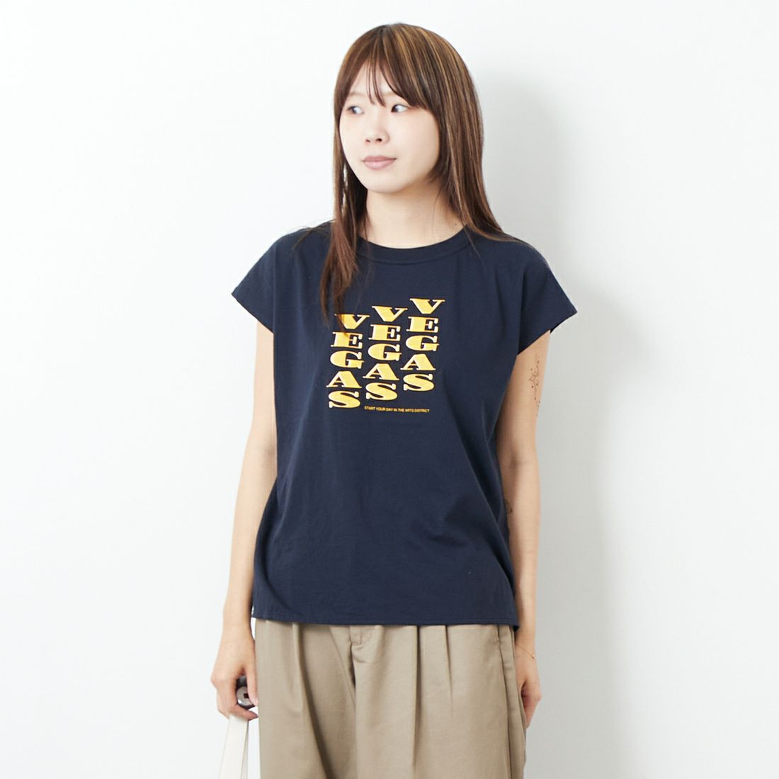 TICCA [ティッカ] VEGAS フレンチスリーブTシャツ [TBES-465] NAVY &&モデル身長：167cm 着用サイズ：F&&