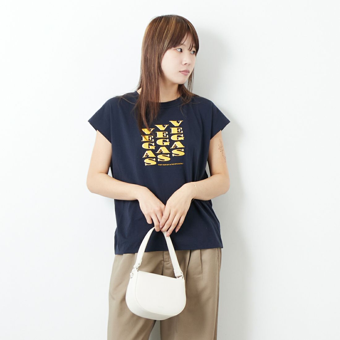 TICCA [ティッカ] VEGAS フレンチスリーブTシャツ [TBES-465] NAVY &&モデル身長：167cm 着用サイズ：F&&