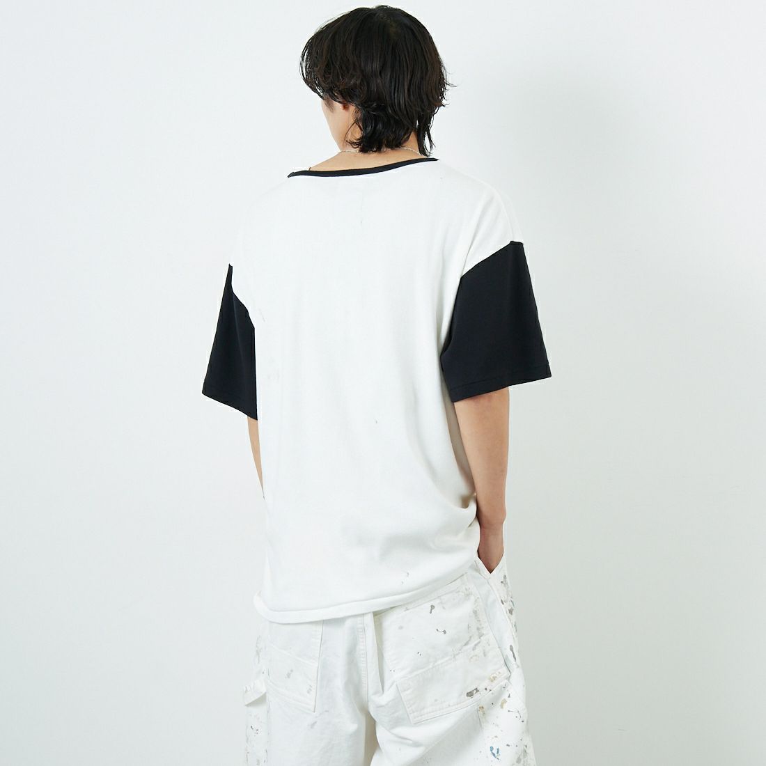 BOW WOW [バウワウ] エイジングリブTシャツ [BW251-RSCSA] WH/BK AGIN &&モデル身長：179cm 着用サイズ：L&&