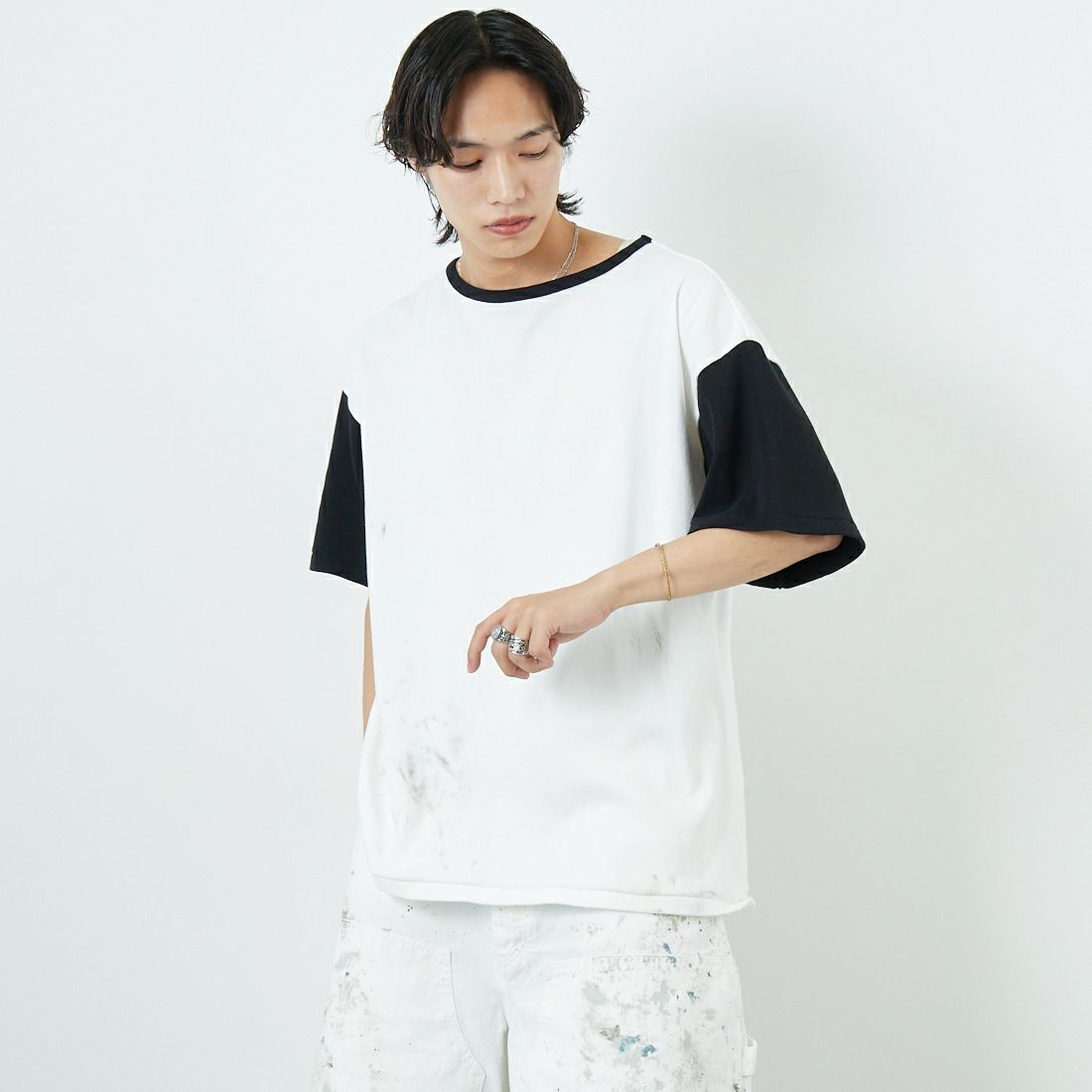 BOW WOW [バウワウ] エイジングリブTシャツ [BW251-RSCSA] WH/BK AGIN &&モデル身長：179cm 着用サイズ：L&&