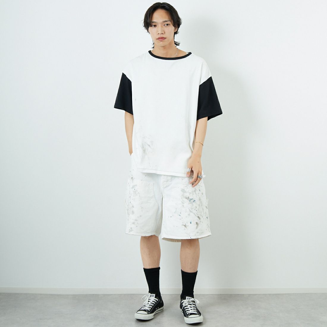 BOW WOW [バウワウ] エイジングリブTシャツ [BW251-RSCSA] WH/BK AGIN &&モデル身長：179cm 着用サイズ：L&&