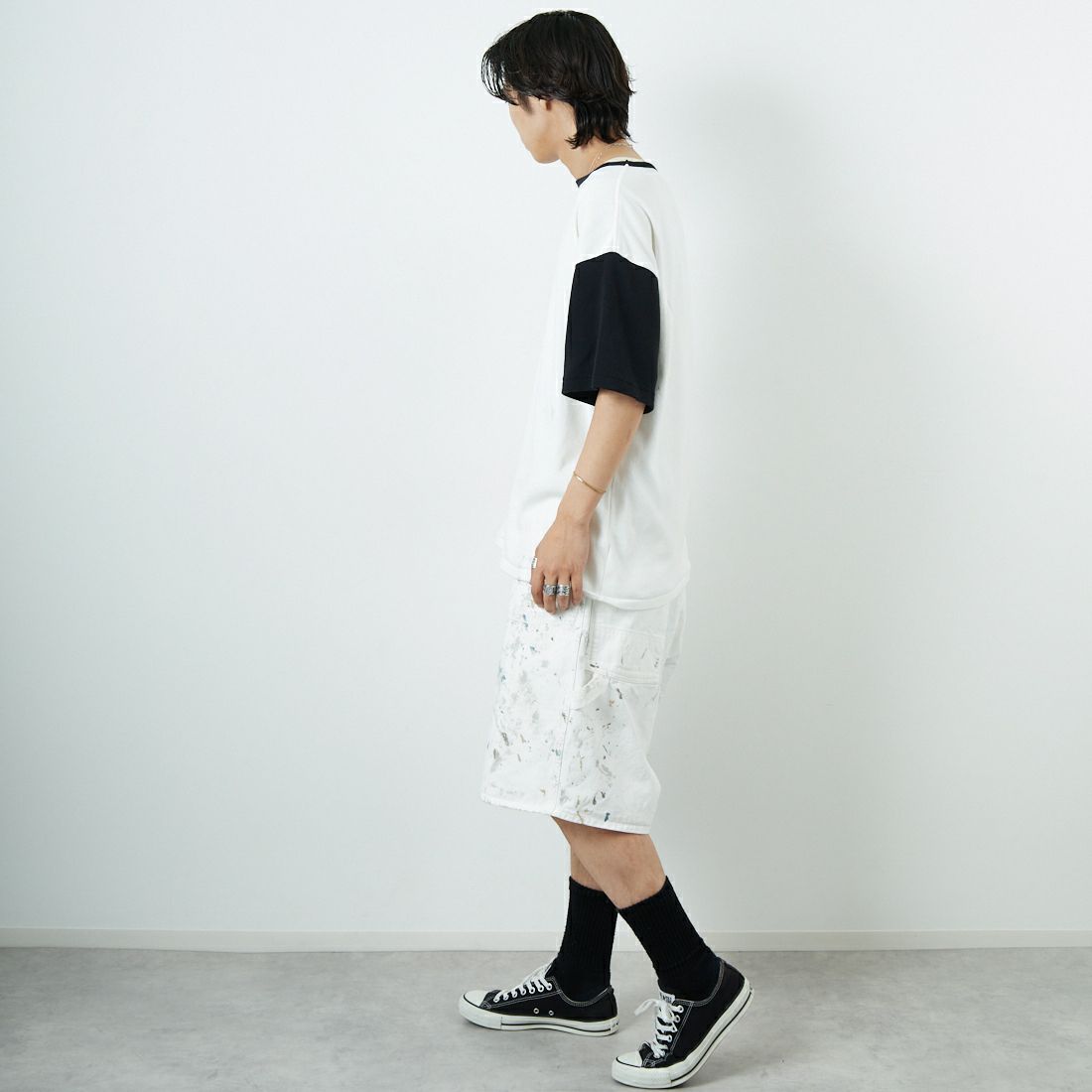 BOW WOW [バウワウ] エイジングリブTシャツ [BW251-RSCSA] WH/BK AGIN &&モデル身長：179cm 着用サイズ：L&&