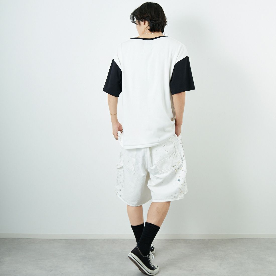 BOW WOW [バウワウ] エイジングリブTシャツ [BW251-RSCSA] WH/BK AGIN &&モデル身長：179cm 着用サイズ：L&&