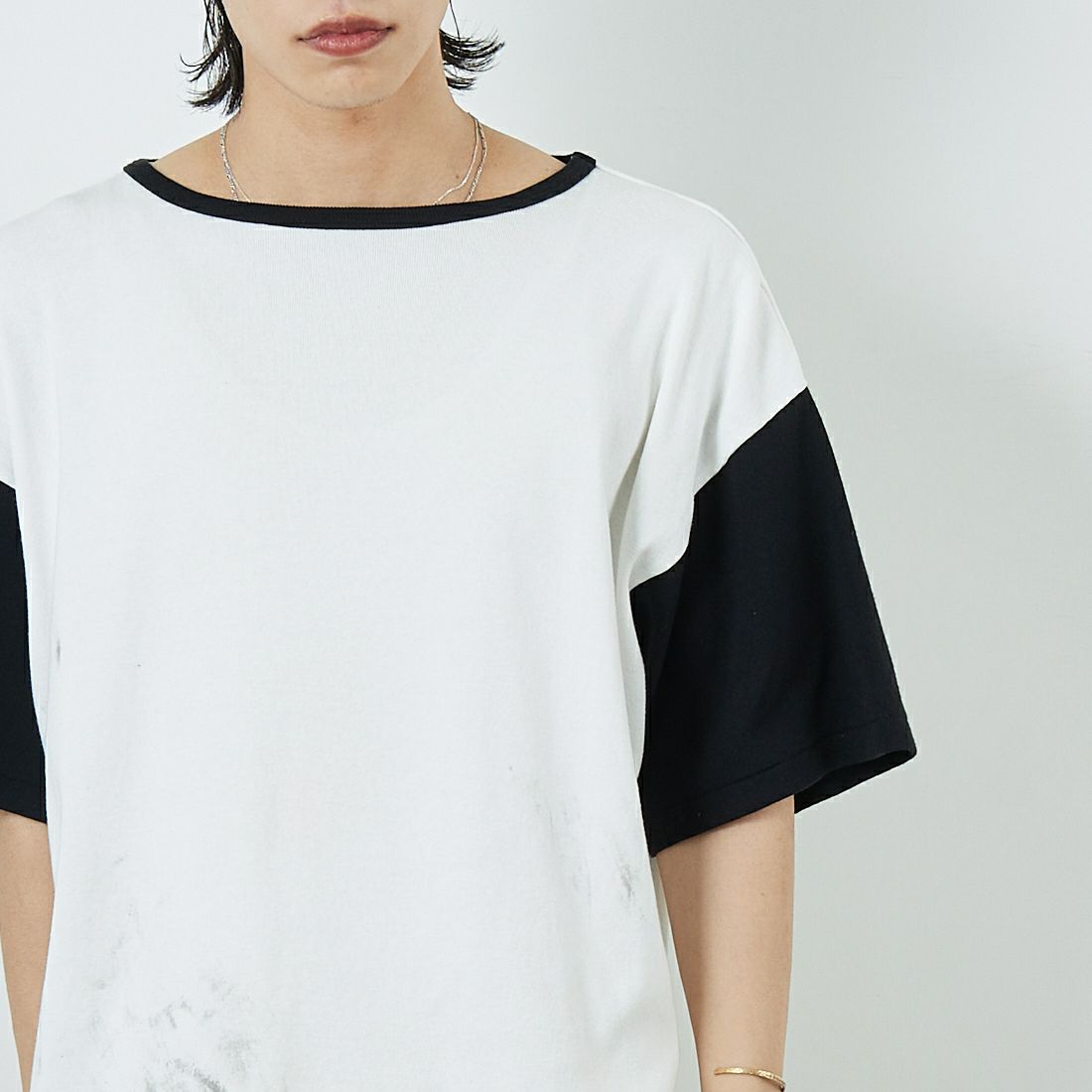 BOW WOW [バウワウ] エイジングリブTシャツ [BW251-RSCSA] WH/BK AGIN &&モデル身長：179cm 着用サイズ：L&&