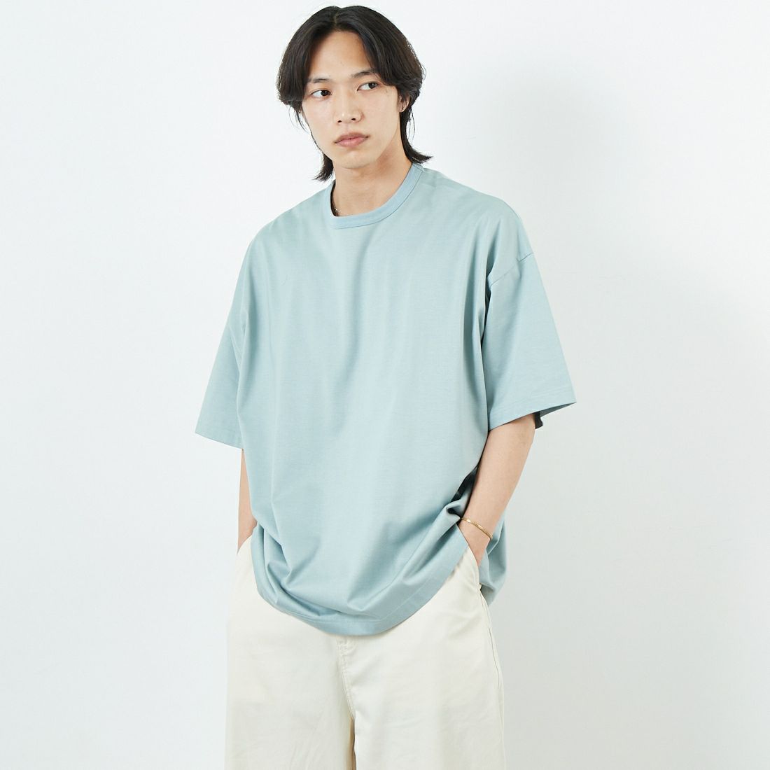 Name. [ネーム] シルケットコットン ビッグTシャツ [NMCU-032] SAX &&モデル身長：179cm 着用サイズ：0&&