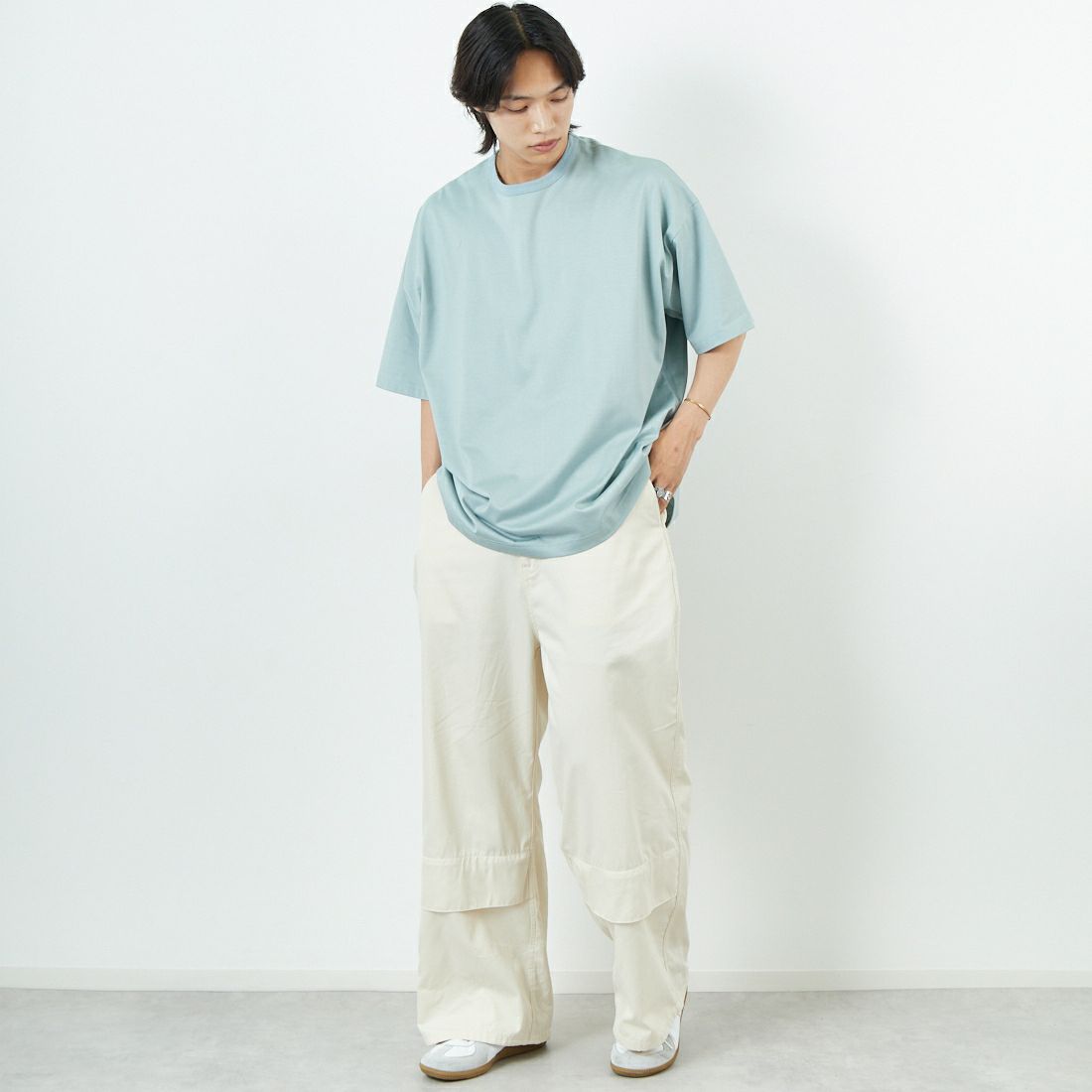 Name. [ネーム] シルケットコットン ビッグTシャツ [NMCU-032] SAX &&モデル身長：179cm 着用サイズ：0&&