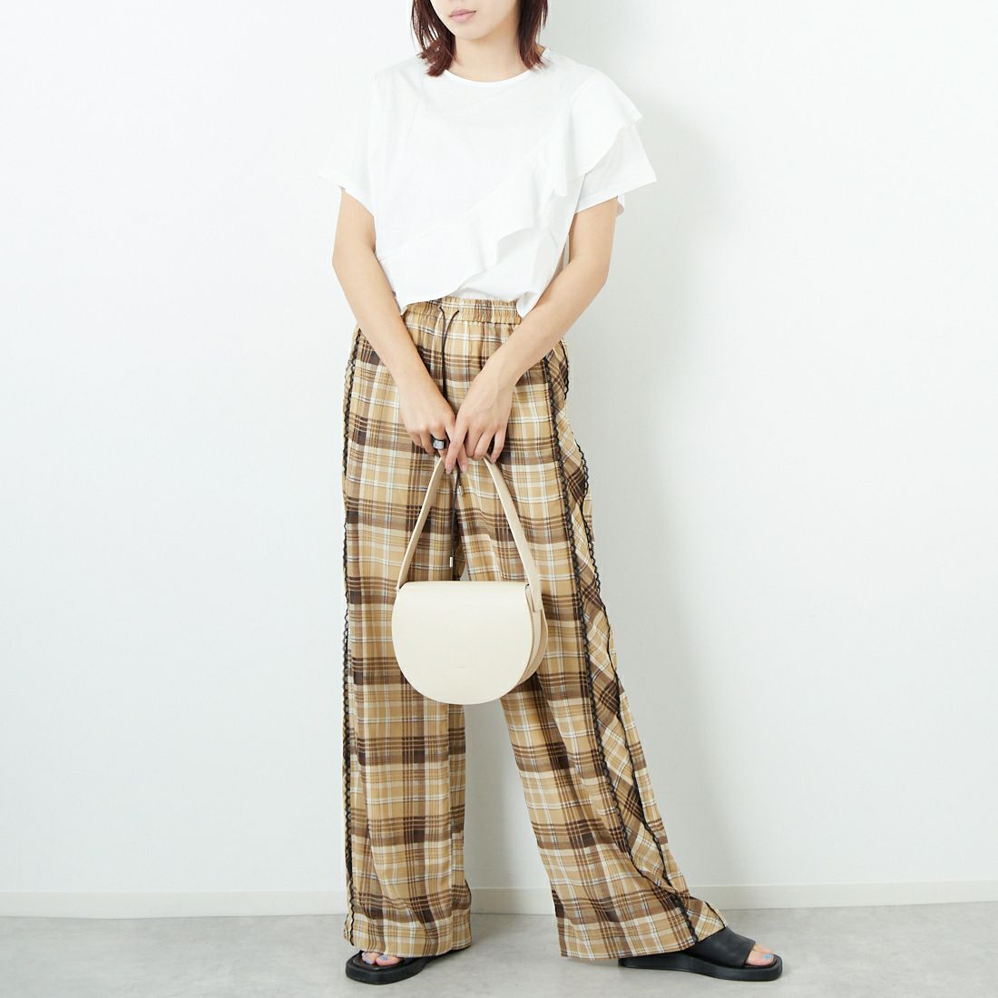 Jf Ready Made [ジェイエフレディメイド] タスキデザインシルケットTシャツ [3101139] 104 ｵﾌｼﾛ &&モデル身長：167cm 着用サイズ：F&&