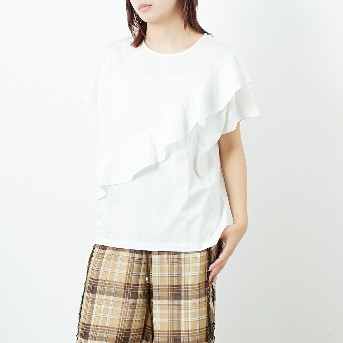 Jf Ready Made [ジェイエフレディメイド] タスキデザインシルケットTシャツ [3101139] 104 ｵﾌｼﾛ &&モデル身長：167cm 着用サイズ：F&&