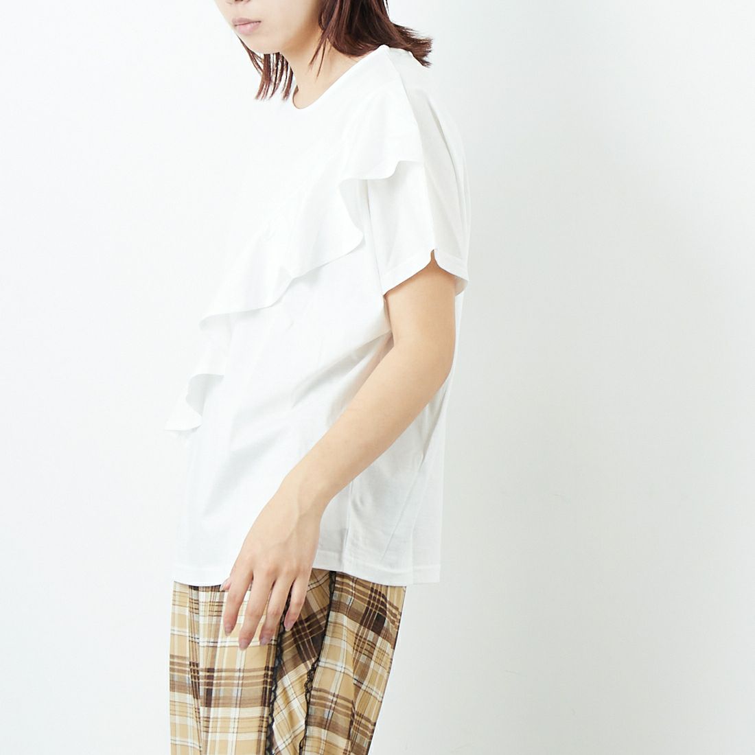 Jf Ready Made [ジェイエフレディメイド] タスキデザインシルケットTシャツ [3101139] 104 ｵﾌｼﾛ &&モデル身長：167cm 着用サイズ：F&&