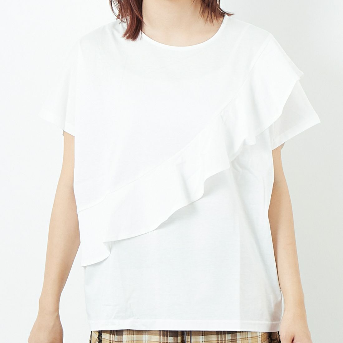 Jf Ready Made [ジェイエフレディメイド] タスキデザインシルケットTシャツ [3101139] 104 ｵﾌｼﾛ &&モデル身長：167cm 着用サイズ：F&&