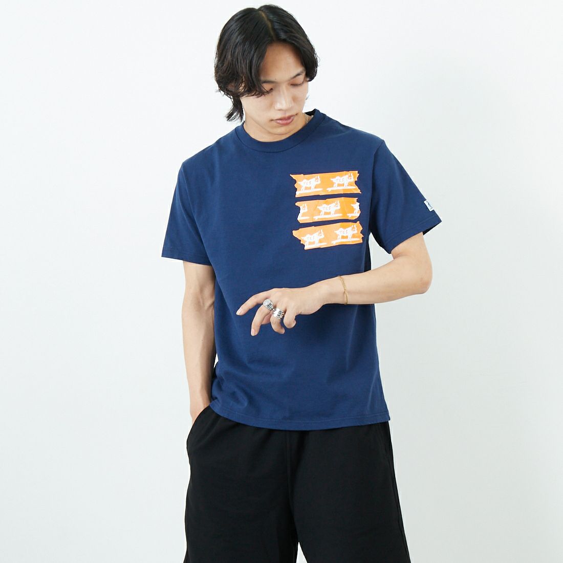 The Endless Summer [エンドレスサマー] TES BUHIテーププリントTシャツ [FT-25574311] 60 NAVY &&モデル身長：179cm 着用サイズ：M&&