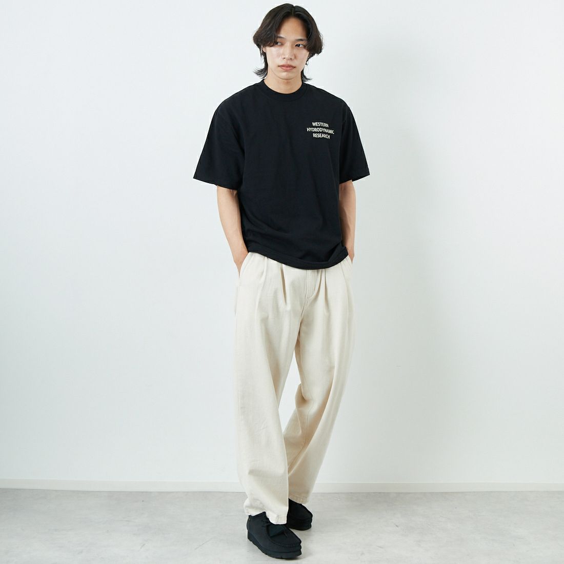 WHR [ダブルエイチアール] WORKER ショートスリーブTシャツ [MWHR25S8072-M] 01 BLACK &&モデル身長：179cm 着用サイズ：M&&