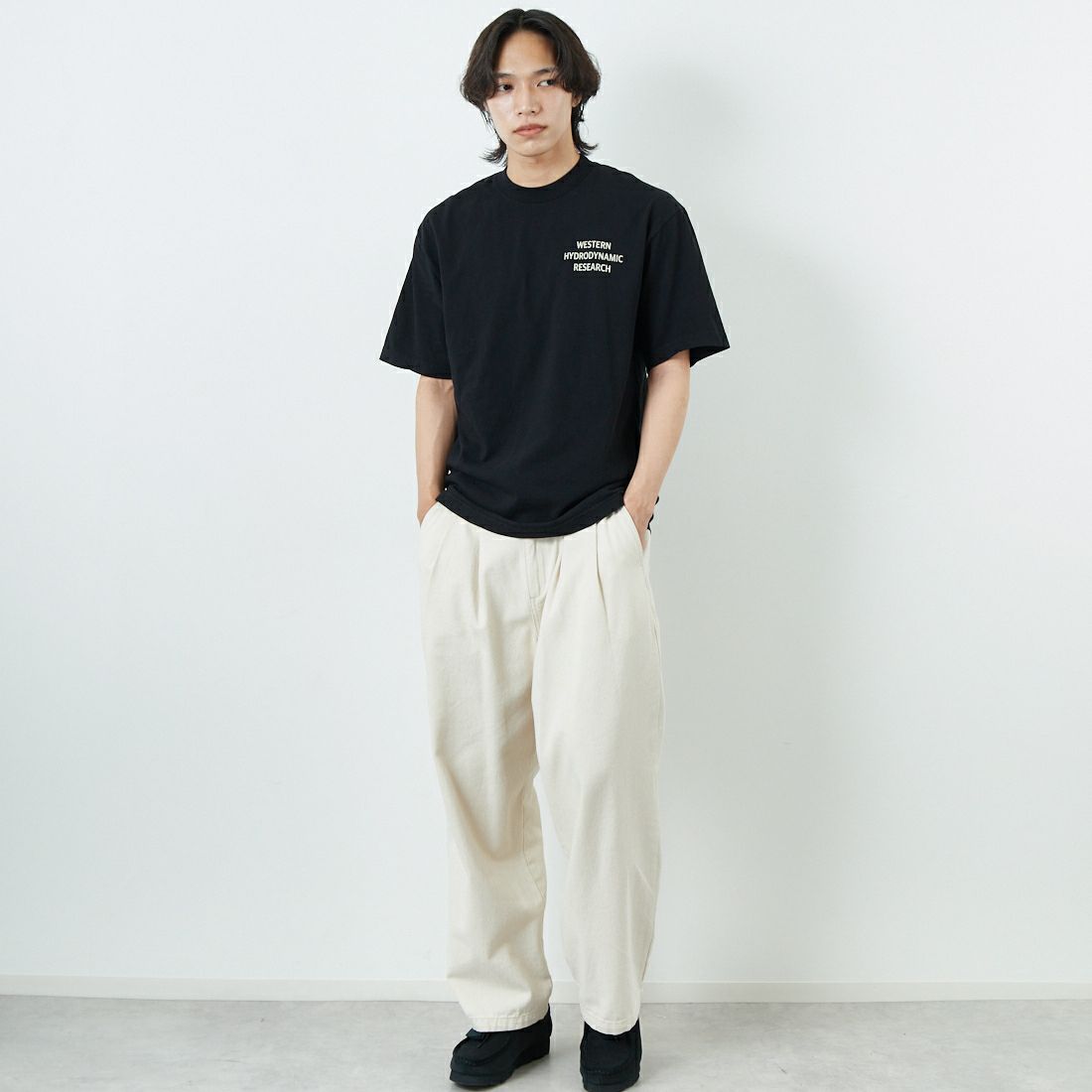 WHR [ダブルエイチアール] WORKER ショートスリーブTシャツ [MWHR25S8072-M] 01 BLACK &&モデル身長：179cm 着用サイズ：M&&