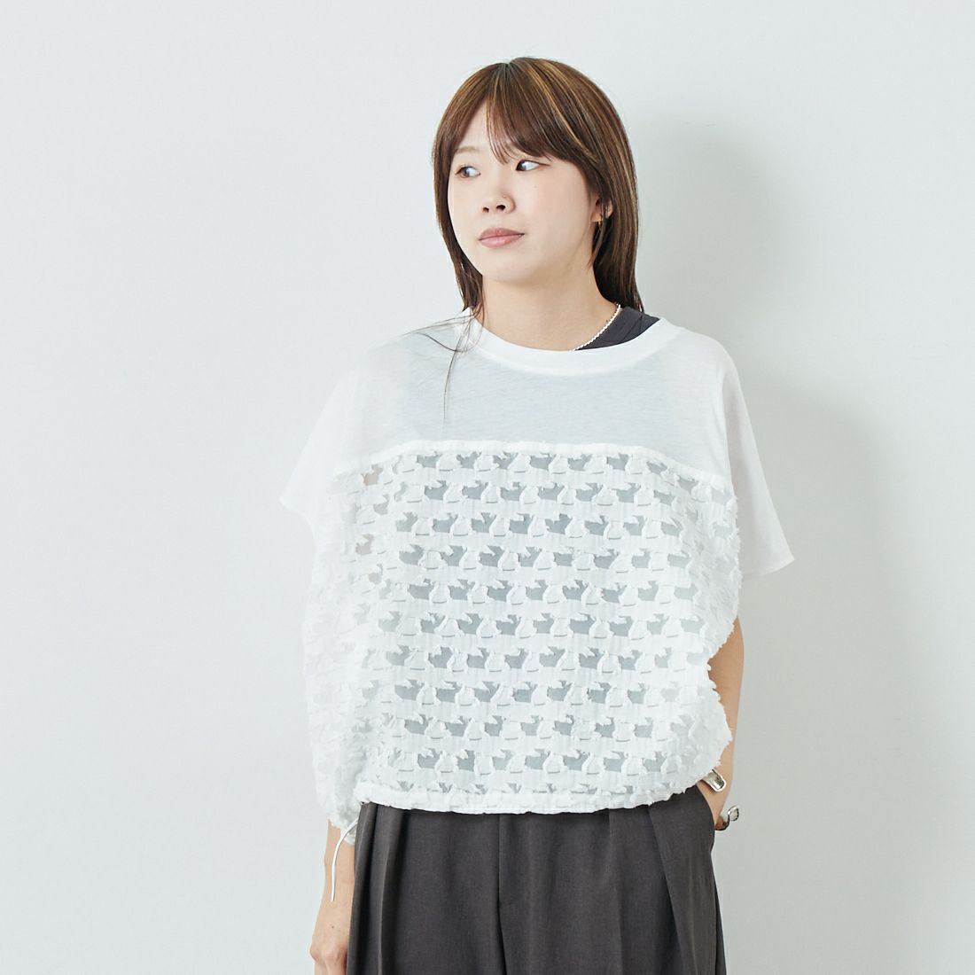 STELLA CIFFON [ステラシフォン] カットソー×カットジャガードコンビトップス [ST2-25504] 02 WHITE &&モデル身長：167cm 着用サイズ：36&&
