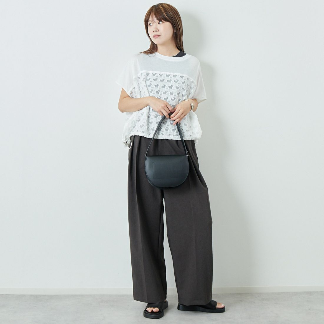 STELLA CIFFON [ステラシフォン] カットソー×カットジャガードコンビトップス [ST2-25504] 02 WHITE &&モデル身長：167cm 着用サイズ：36&&