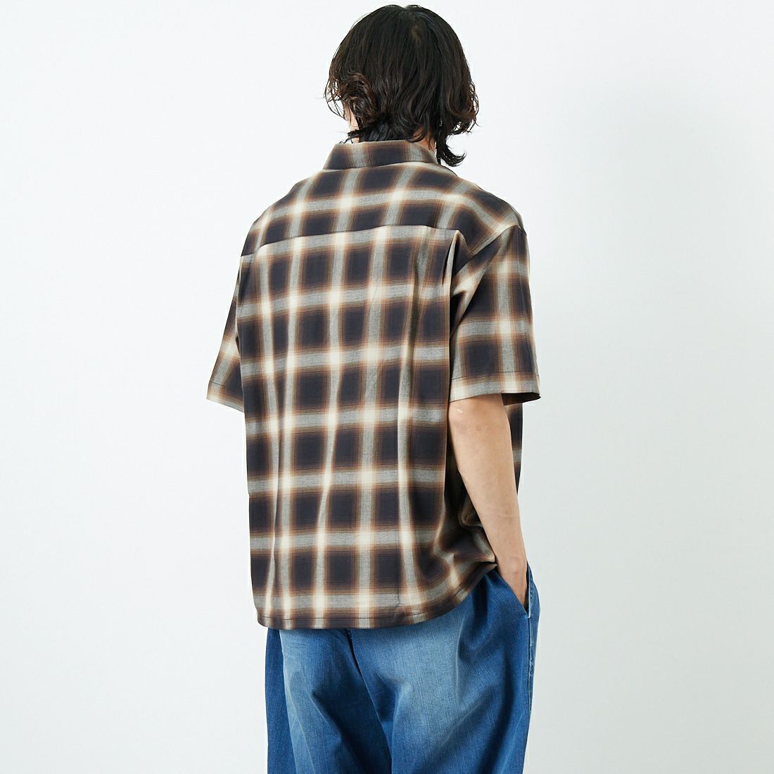 SLICK [スリック] オンブレチェックドローストリングシャツ [5220105] 500 BROWN &&モデル身長：179cm 着用サイズ：1&&