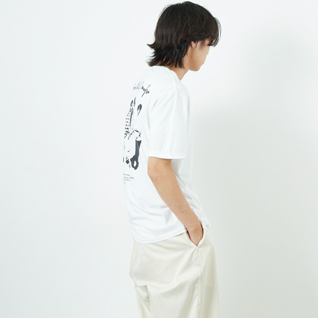 THRIFTY LOOK [スリフティールック] oasis ショートスリーブTシャツ [TL25S044-W] WHITE &&モデル身長：179cm 着用サイズ：L&&