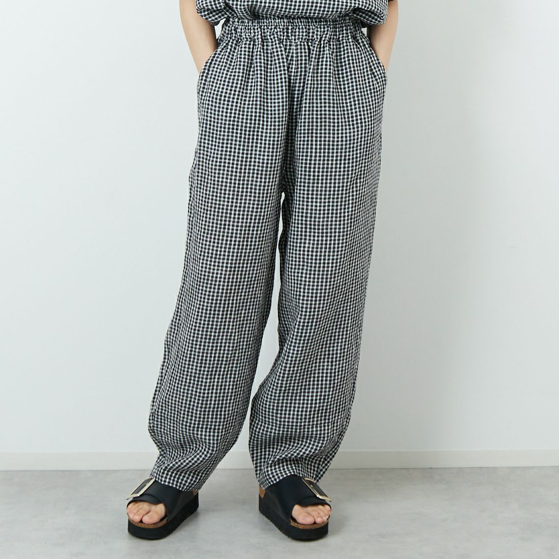soil [ソイル] リネンチェックイージーパンツ [INSL25216] 9991 BLK/O &&モデル身長：160cm 着用サイズ：1&&