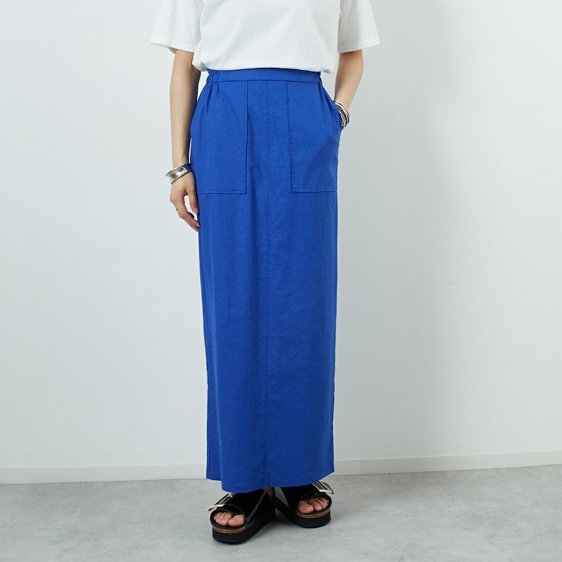 CLOCHE [クロシェ] ストレッチリネンタイトスカート [51286527] ﾌﾞﾙｰ &&モデル身長：160cm 着用サイズ：2&&