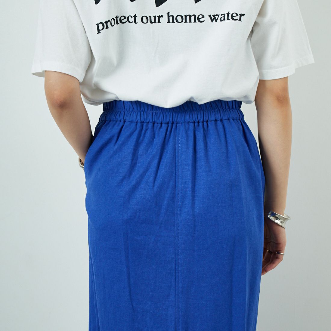 CLOCHE [クロシェ] ストレッチリネンタイトスカート [51286527] ﾌﾞﾙｰ &&モデル身長：160cm 着用サイズ：2&&