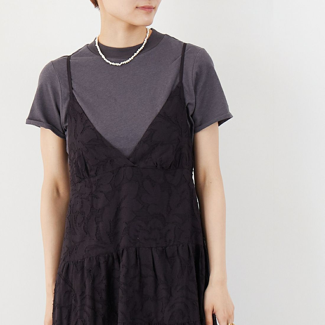 Jeans Factory Clothes [ジーンズファクトリークローズ] カットジャガード ティアードワンピース [24951-PF] BLACK &&モデル身長：160cm 着用サイズ：F&&