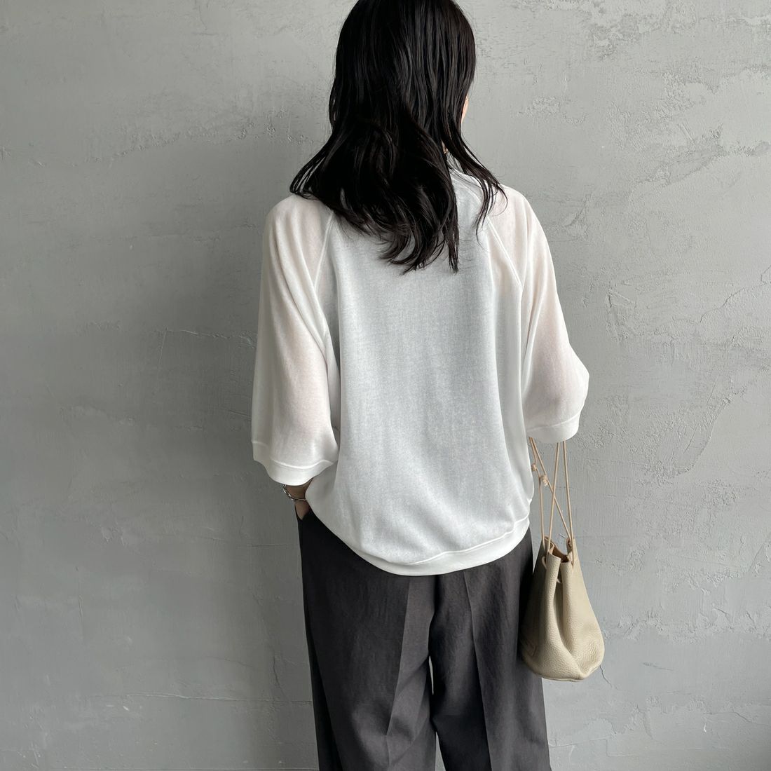 THE SHINZONE [ザ シンゾーン] シアーハーフスリーブスウェット [25MMSCU08] 01 WHITE &&モデル身長：160cm 着用サイズ：F0&&