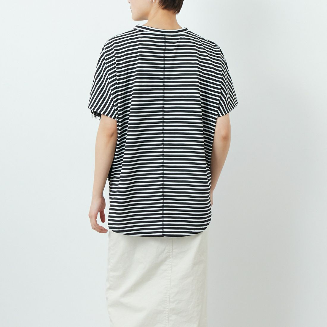 Margaux vintage [マルゴーヴィンテージ] ハートフリンジボーダーTシャツ [MHP-CT-001] BK OFF/BLK &&モデル身長：160cm 着用サイズ：F&&