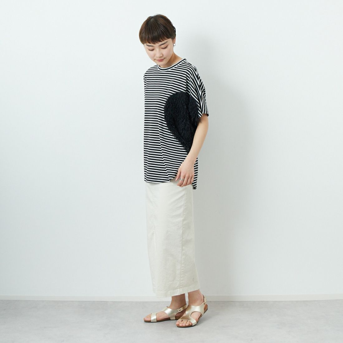 Margaux vintaMargaux vintage [マルゴーヴィンテージ] ハートフリンジボーダーTシャツ [MHP-CT-001] BK OFF/BLK &&モデル身長：160cm 着用サイズ：F&&ge [マルゴーヴィンテージ] ハートフリンジボーダーTシャツ [MHP-CT-001] BK OFF/BLK