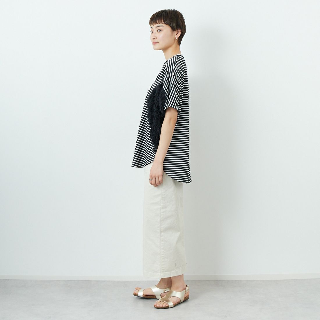 Margaux vinMargaux vintage [マルゴーヴィンテージ] ハートフリンジボーダーTシャツ [MHP-CT-001] BK OFF/BLK &&モデル身長：160cm 着用サイズ：F&&tage [マルゴーヴィンテージ] ハートフリンジボーダーTシャツ [MHP-CT-001] BK OFF/BLK