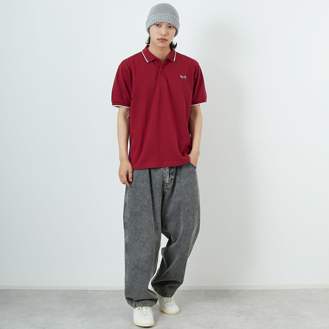 THE FOX [ザフォックス] 別注 ワンポイントロゴ ティップラインポロシャツ [JFU25SS-09-JF] BUR/WHT &&モデル身長：179cm 着用サイズ：XL&&