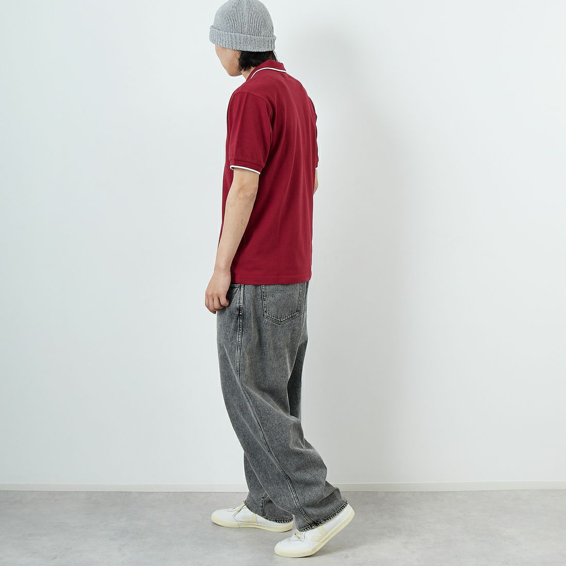 THE FOX [ザフォックス] 別注 ワンポイントロゴ ティップラインポロシャツ [JFU25SS-09-JF] BUR/WHT &&モデル身長：179cm 着用サイズ：XL&&