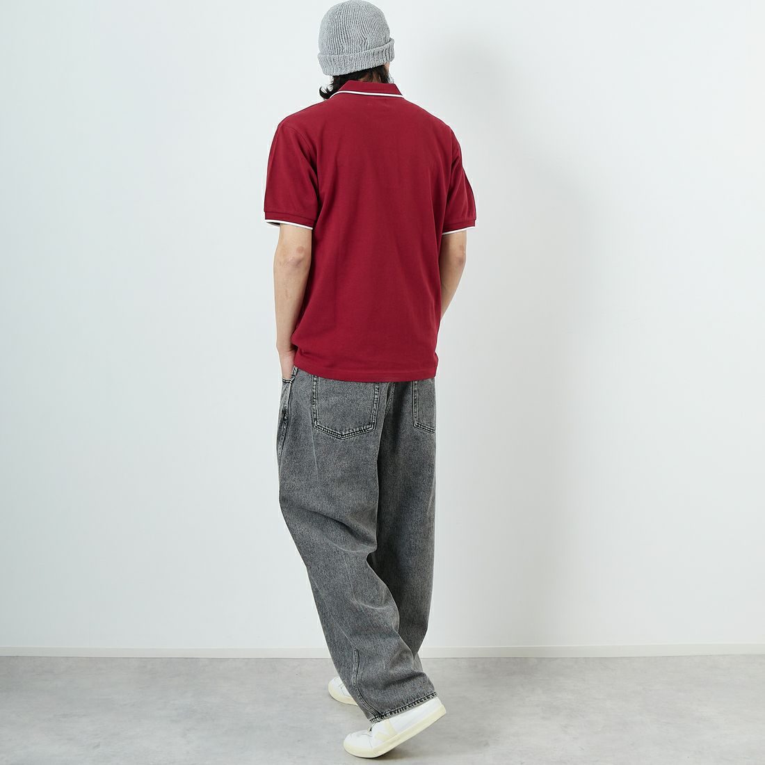 THE FOX [ザフォックス] 別注 ワンポイントロゴ ティップラインポロシャツ [JFU25SS-09-JF] BUR/WHT &&モデル身長：179cm 着用サイズ：XL&&