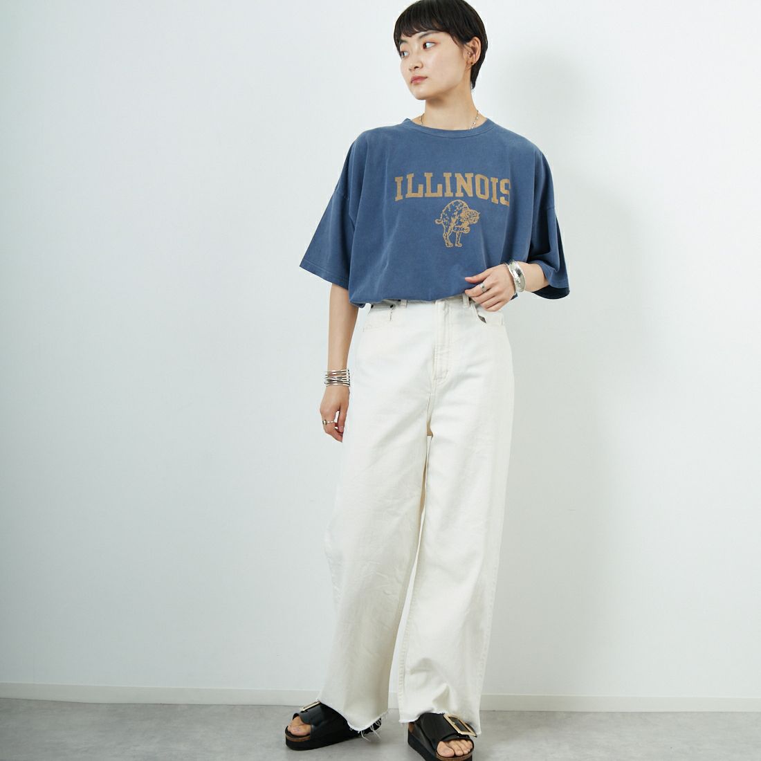 REMI RELIEF [レミレリーフ] 別注 ビッグプリントTシャツ ILLINOIS [RN28369306-JF] NAVY &&モデル身長：160cm 着用サイズ：S&&