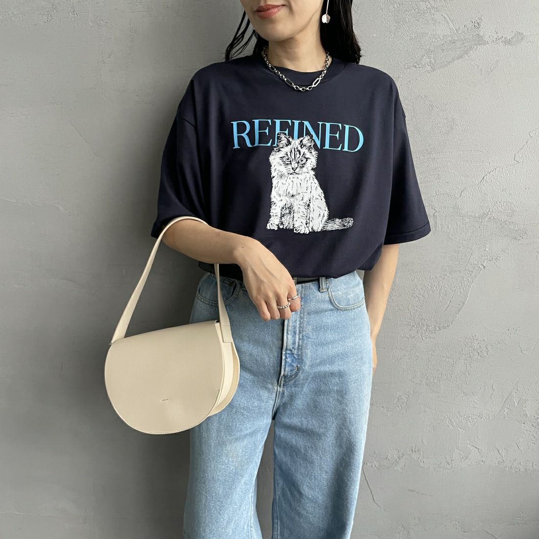 SCREEN STARS [スクリーンスターズ] 別注 ドッグ&キャットプリントTシャツ [2522-SSIN-JF] NVY CAT &&モデル身長：160cm 着用サイズ：F&&