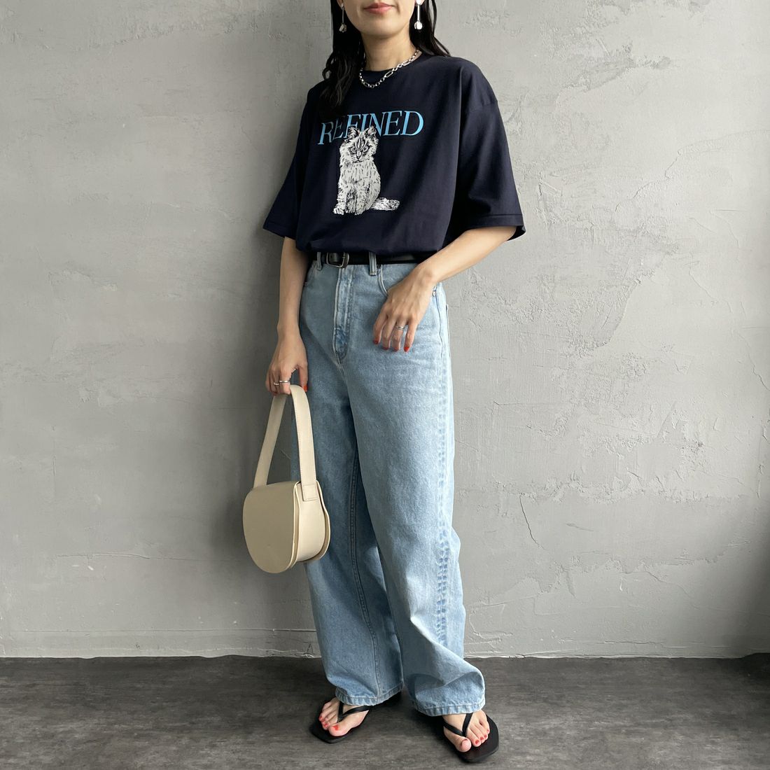 SCREEN STARS [スクリーンスターズ] 別注 ドッグ&キャットプリントTシャツ [2522-SSIN-JF] NVY CAT &&モデル身長：160cm 着用サイズ：F&&