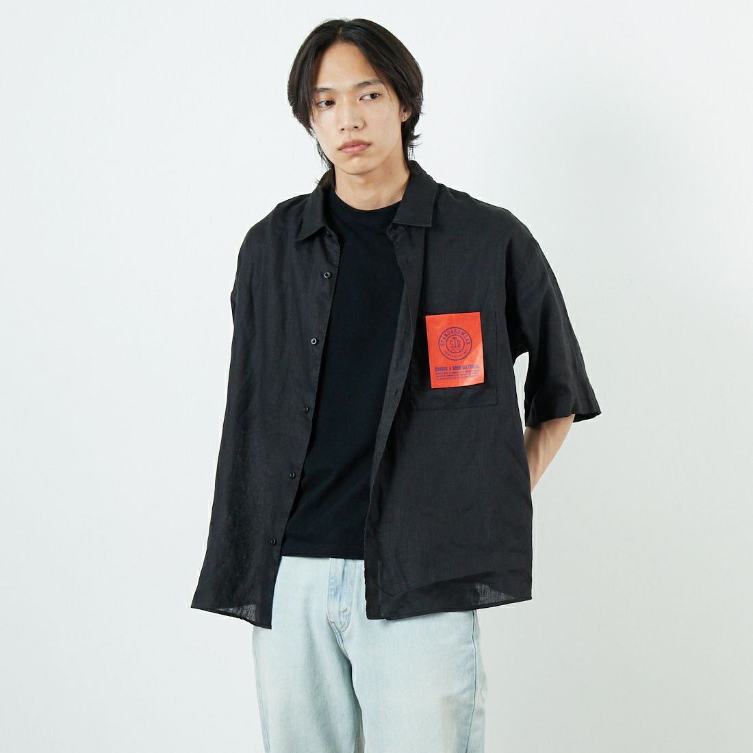 Jeans Factory Clothes [ジーンズファクトリークローズ] フレンチリネンワイドレギュラーカラーシャツ [BFP613] BLACK &&モデル身長：179cm 着用サイズ：L&&