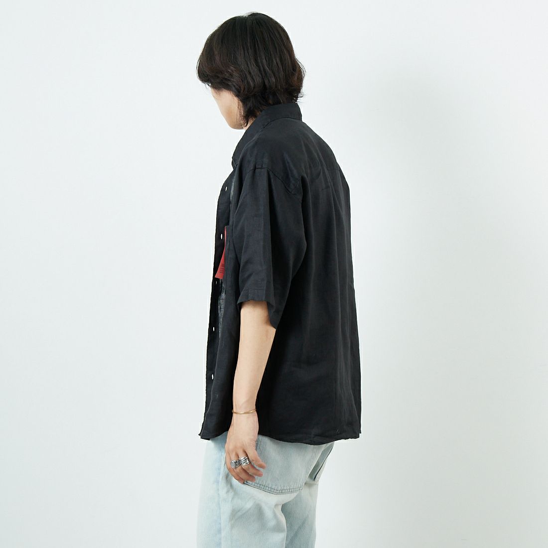 Jeans Factory Clothes [ジーンズファクトリークローズ] フレンチリネンワイドレギュラーカラーシャツ [BFP613] BLACK &&モデル身長：179cm 着用サイズ：L&&