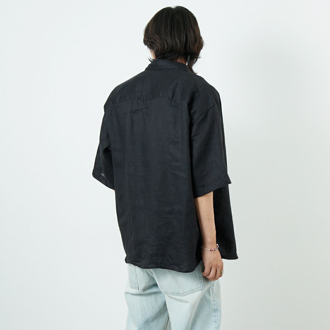 Jeans Factory Clothes [ジーンズファクトリークローズ] フレンチリネンワイドレギュラーカラーシャツ [BFP613] BLACK &&モデル身長：179cm 着用サイズ：L&&