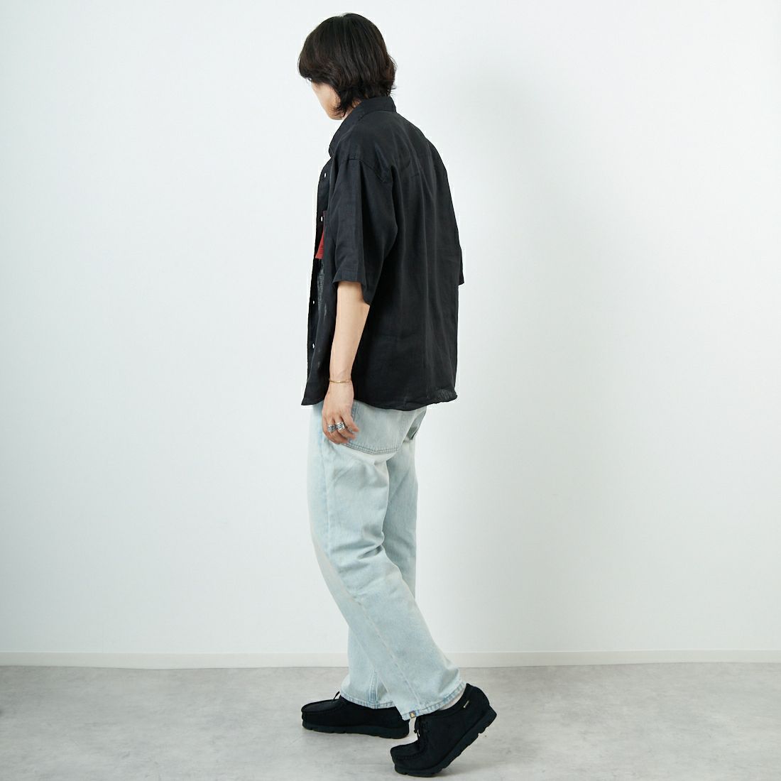 Jeans Factory Clothes [ジーンズファクトリークローズ] フレンチリネンワイドレギュラーカラーシャツ [BFP613] BLACK &&モデル身長：179cm 着用サイズ：L&&