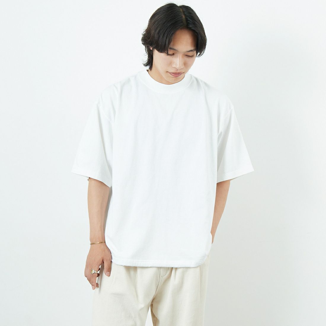 SHAKA WeAR [シャカウェア] 別注 ドローコードショートスリーブTシャツ [DC-SW001-JF] WHITE &&モデル身長：179cm 着用サイズ：M&&