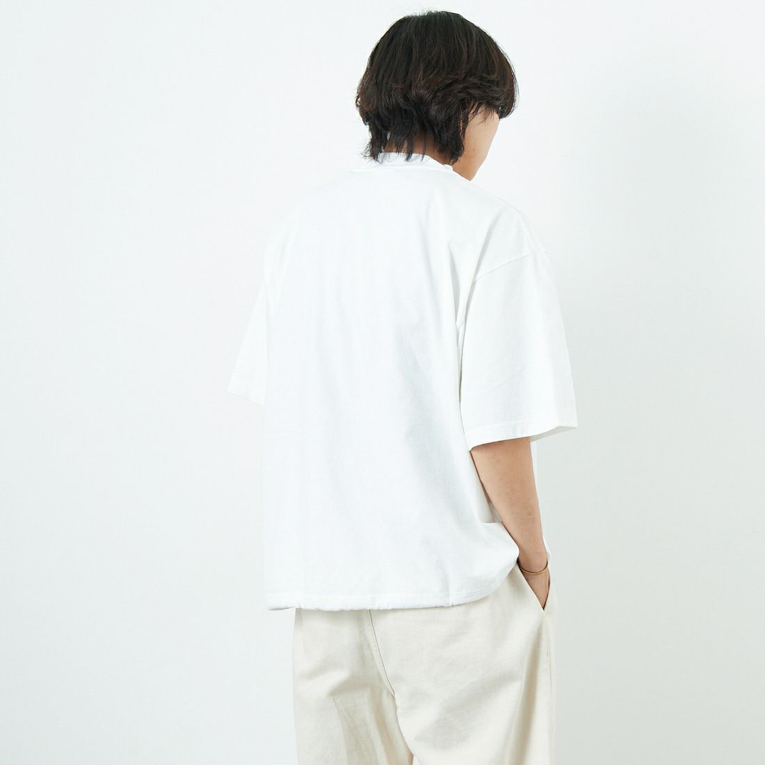 SHAKA WeAR [シャカウェア] 別注 ドローコードショートスリーブTシャツ [DC-SW001-JF] WHITE &&モデル身長：179cm 着用サイズ：M&&