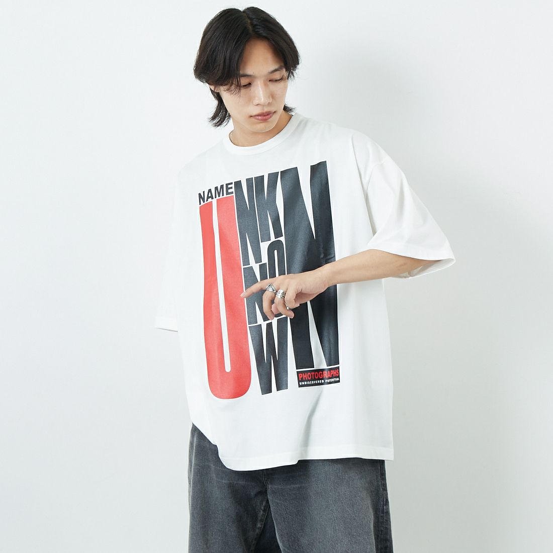 Name. [ネーム] シルケットコットン ビッグプリントTシャツ [NMCU-038] WHITE &&モデル身長：179cm 着用サイズ：1&&