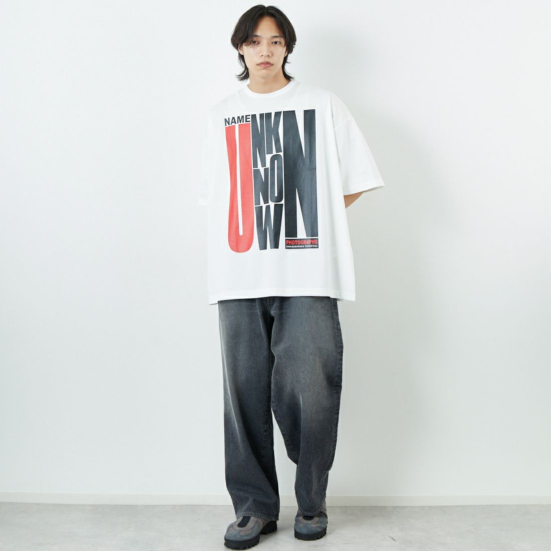 Name. [ネーム] シルケットコットン ビッグプリントTシャツ [NMCU-038] WHITE &&モデル身長：179cm 着用サイズ：1&&