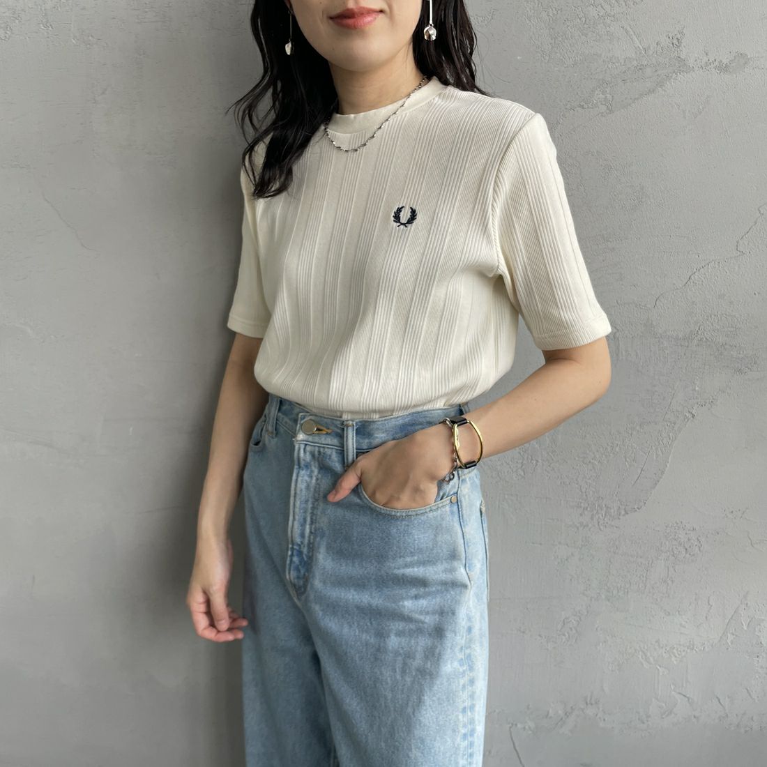 FRED PERRY 別注 ランダムリブ ワンポイント刺繍Tシャツ 8 FRED PERRY/フレッドペリー] 別注 ランダムリブ ワンポイント