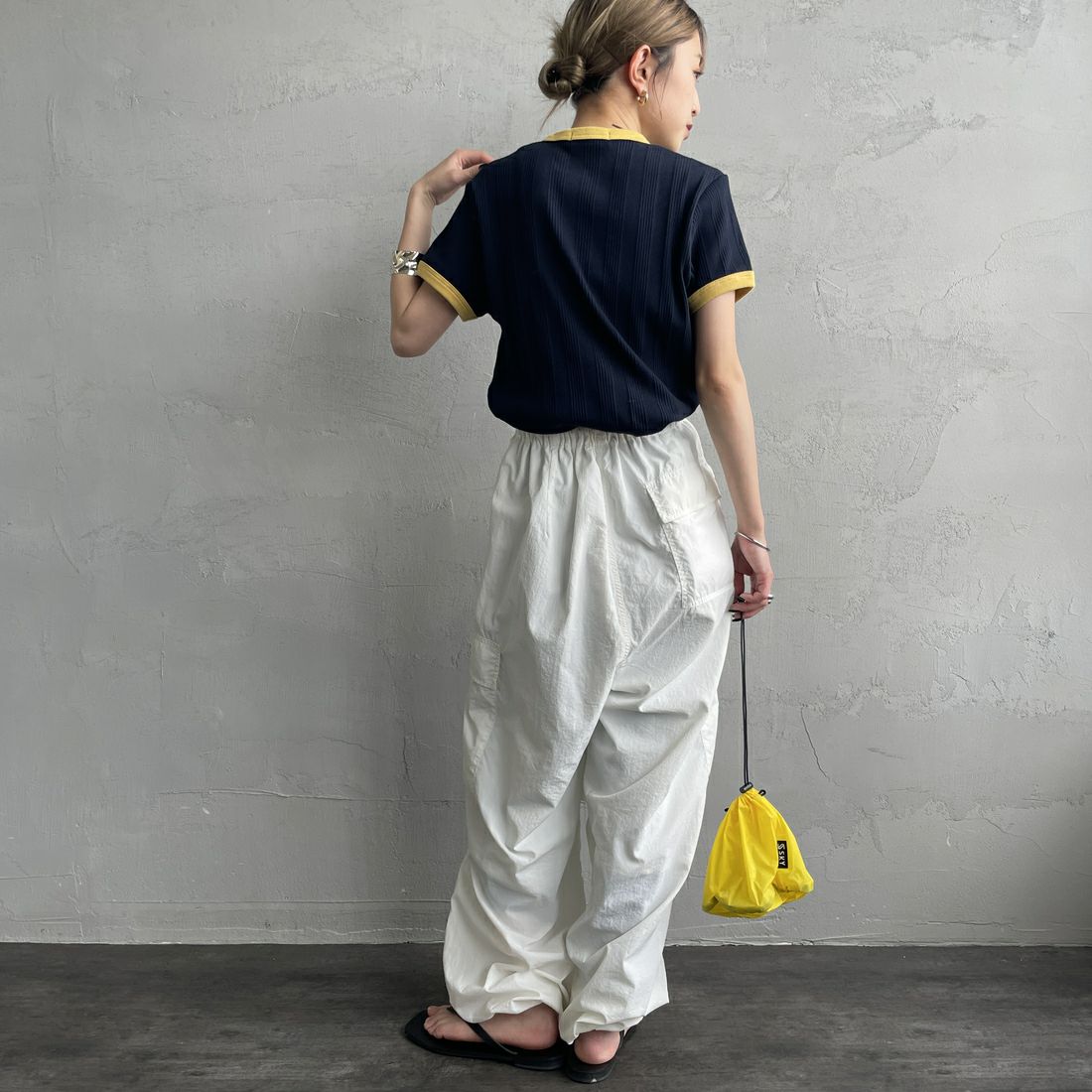 FRED PERRY [フレッドペリー] 別注 ランダムリブ ワンポイントロゴ刺繍 リンガーTシャツ [FPW-25S-012-JF] NVY/HONEYC &&モデル身長：150cm 着用サイズ：8&&