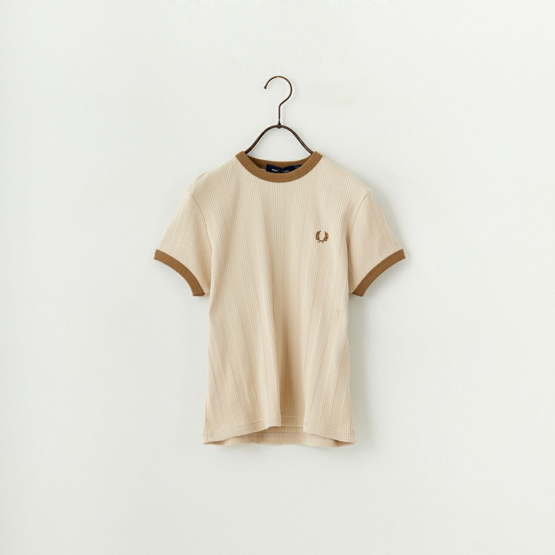 FRED PERRY [フレッドペリー] 別注 ランダムリブ ワンポイントロゴ刺繍 リンガーTシャツ [FPW-25S-012-JF] OAT/SHADE