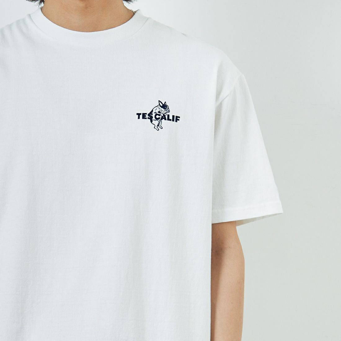 The Endless Summer [エンドレスサマー] 別注 ワンポイントBUHIフロッキープリントTシャツ [FH-25574516-JF] WHITE &&モデル身長：179cm 着用サイズ：XL&&