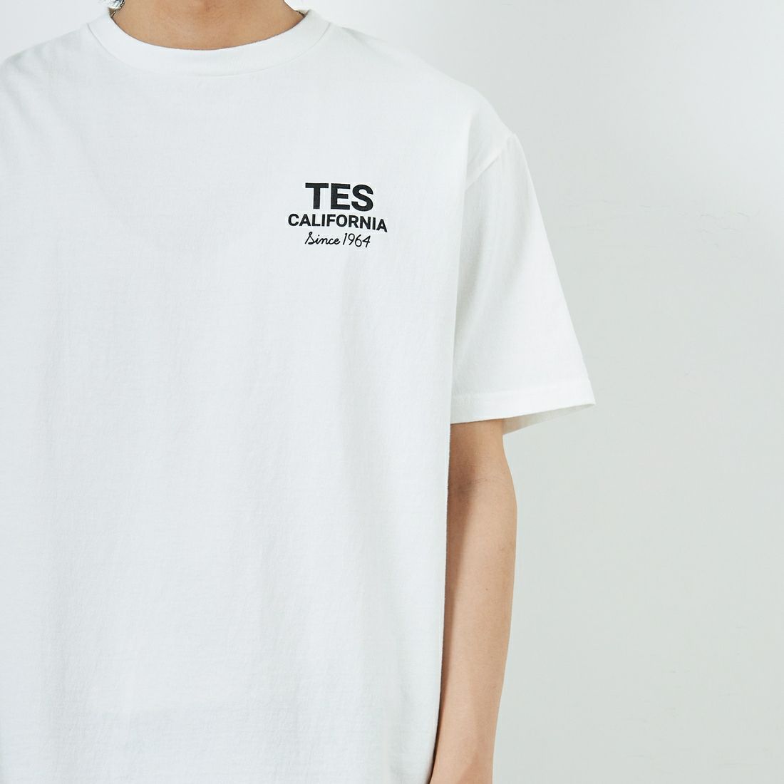 The Endless Summer [エンドレスサマー] 別注 BUHI HUNTINGTON バックプリントTシャツ [FH-25574515-JF] WHITE &&モデル身長：179cm 着用サイズ：XL&&