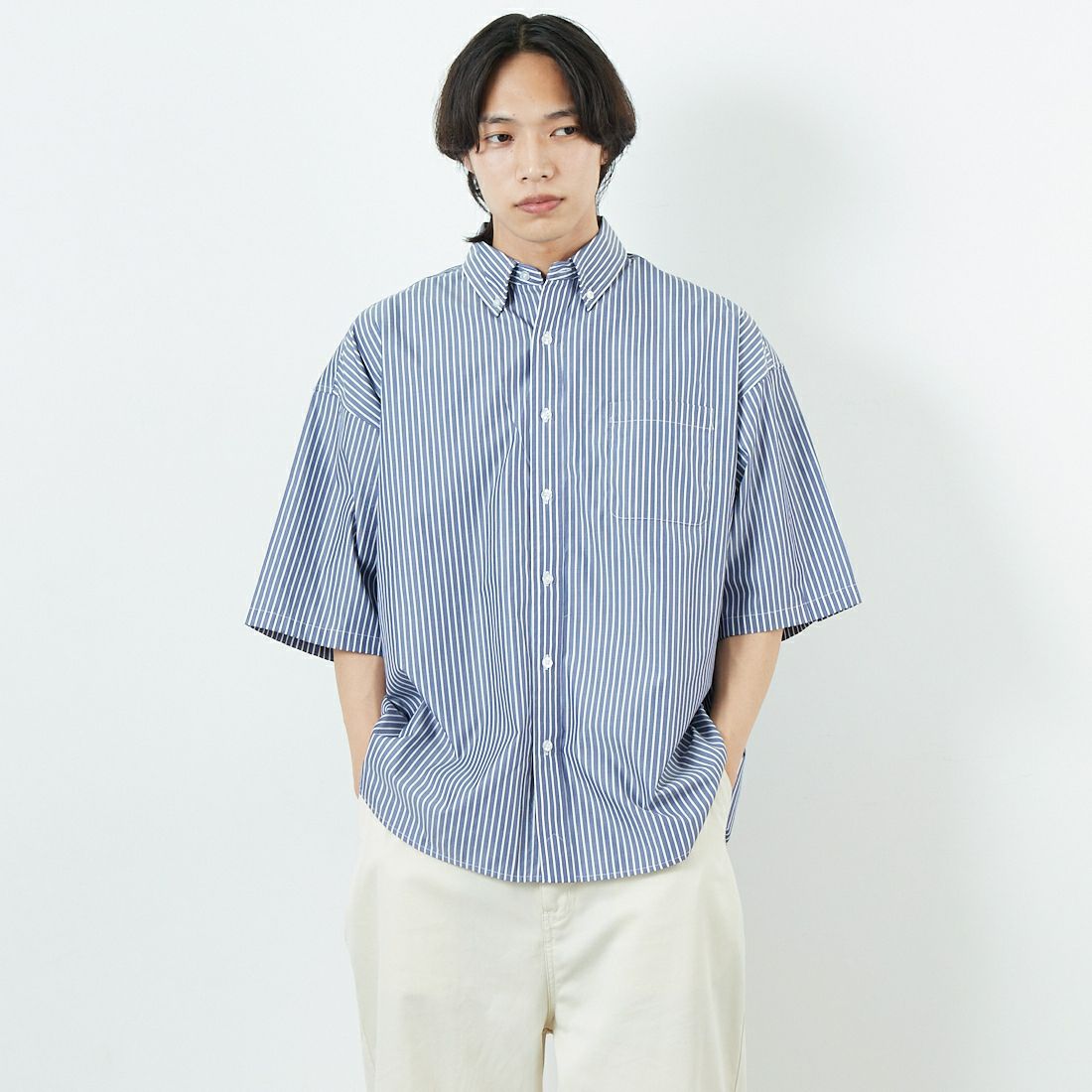 Jeans Factory Clothes [ジーンズファクトリークローズ] ショートスリーブ ビッグボタンダウンシャツ [JFC-252-056] E.NV ST &&モデル身長：179cm 着用サイズ：M&&